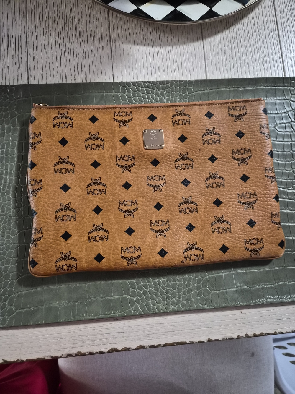 MCM Cognac Logo Monogram Large Zip Pouch